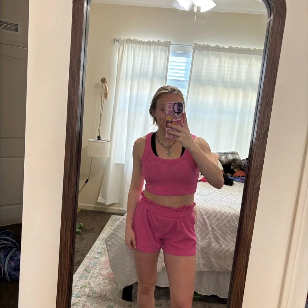 Pink Ribbed Crop Top and Shorts Set - Picture 1 of 1